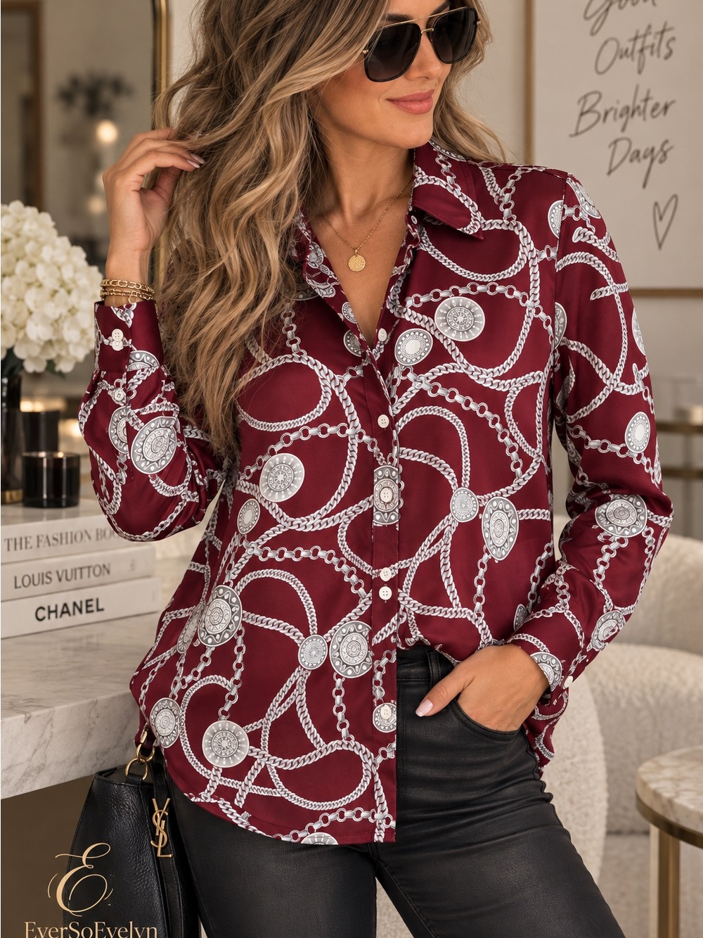 Womens Burgundy Chain-Print Satin Button-Front Blouse
